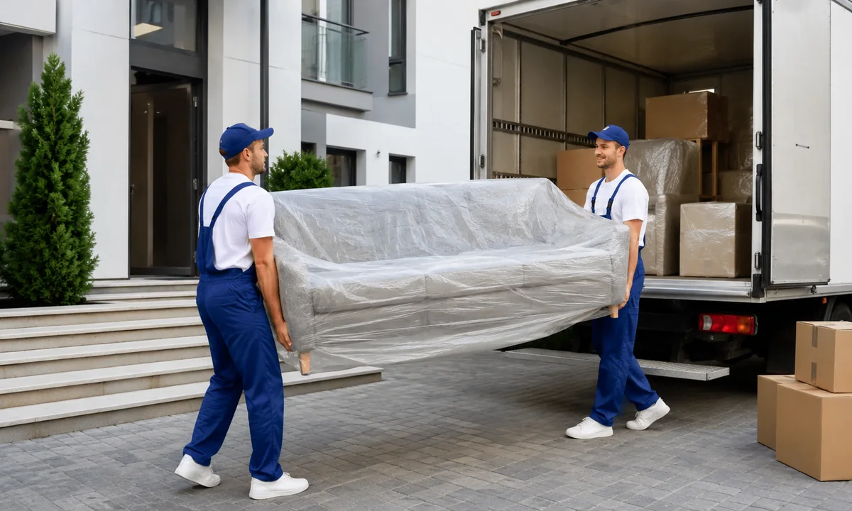 Equipe organizando volumes para transporte de mudança