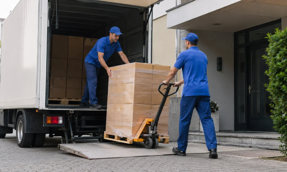 Equipe descarregando caixas na entrada do destino