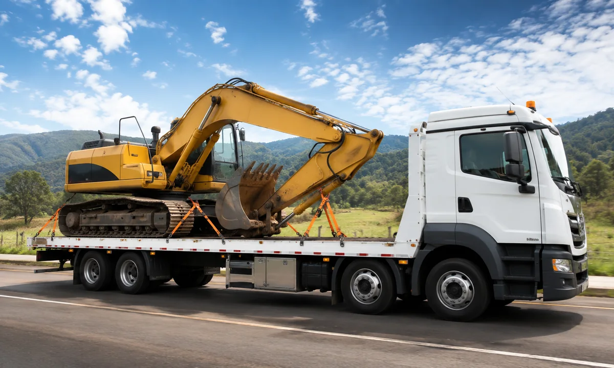 Escavadeira transportada em caminhão plataforma em rodovia