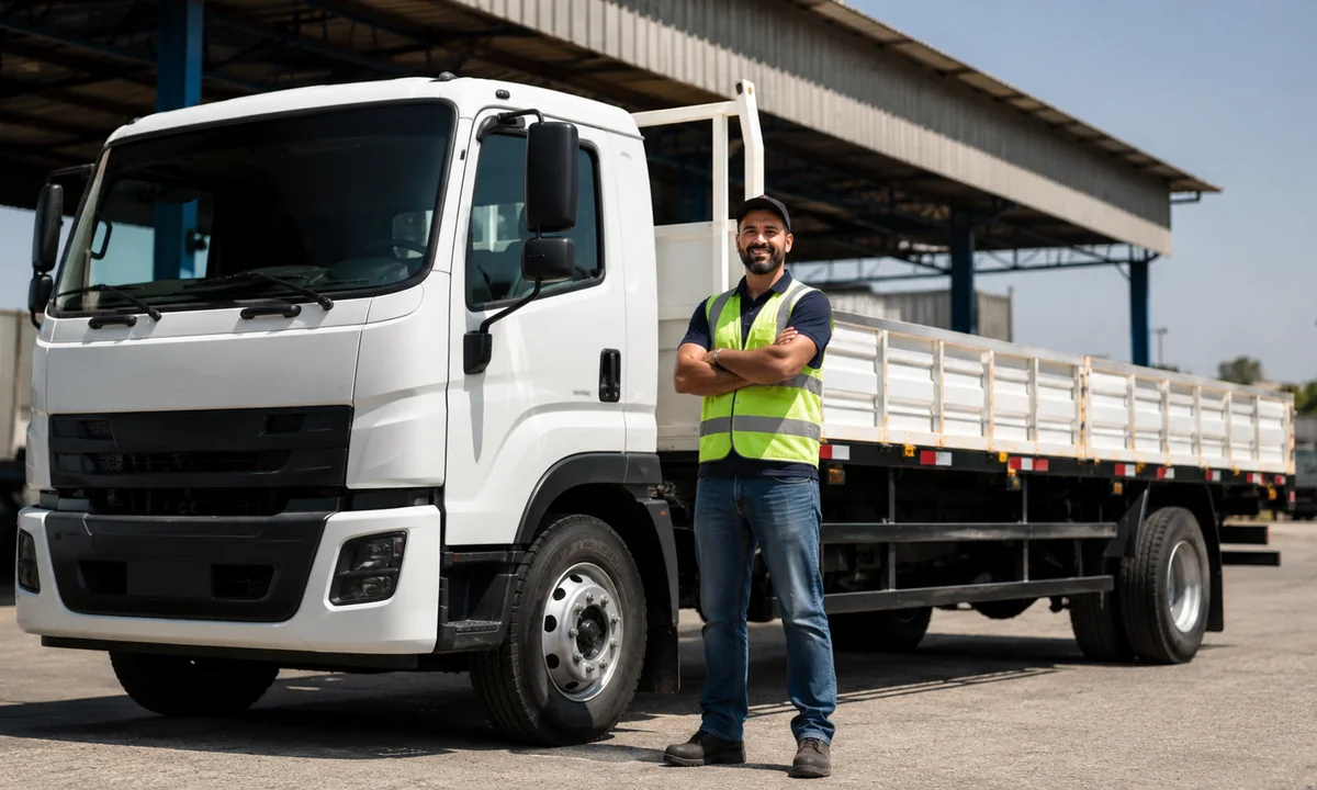 Carga empresarial sendo movimentada entre armazém e caminhão