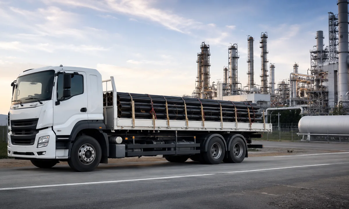Carga industrial preparada e amarrada para transporte rodoviário
